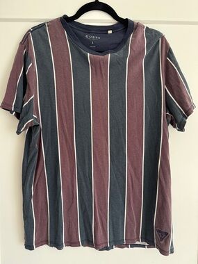 GUESS Men's Striped Crew Neck Tee - Burgundy & Charcoal